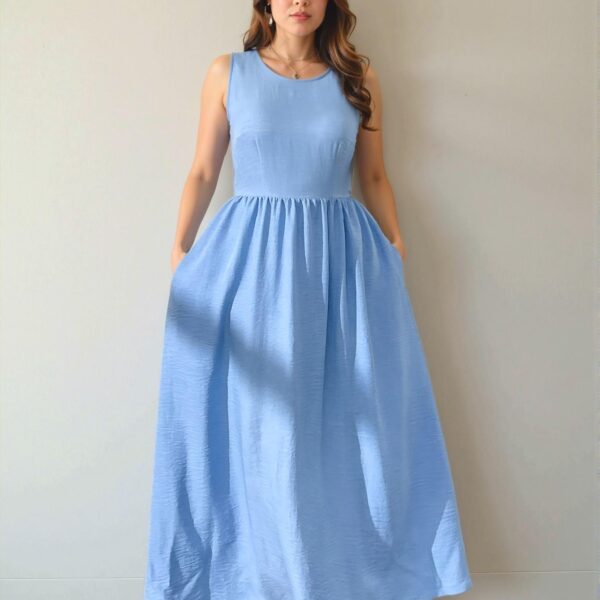 Elegant Navy Blue Flowy A-Line Maxi Dress, Cinched Waist with Pockets for Beach Vacations, Romantic Dates, and Special Occasions "Chic, Classy and Trendy Fashion Style to Dress to Impress"