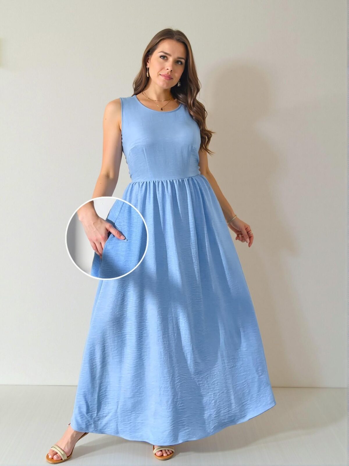 Elegant Navy Blue Flowy A-Line Maxi Dress, Cinched Waist with Pockets for Beach Vacations, Romantic Dates, and Special Occasions "Chic, Classy and Trendy Fashion Style to Dress to Impress" - Image 2