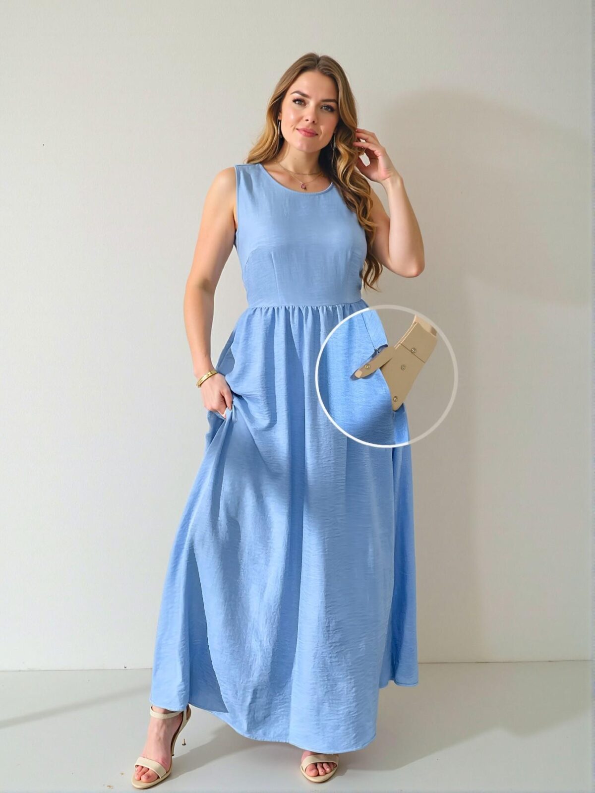 Elegant Navy Blue Flowy A-Line Maxi Dress, Cinched Waist with Pockets for Beach Vacations, Romantic Dates, and Special Occasions "Chic, Classy and Trendy Fashion Style to Dress to Impress" - Image 3