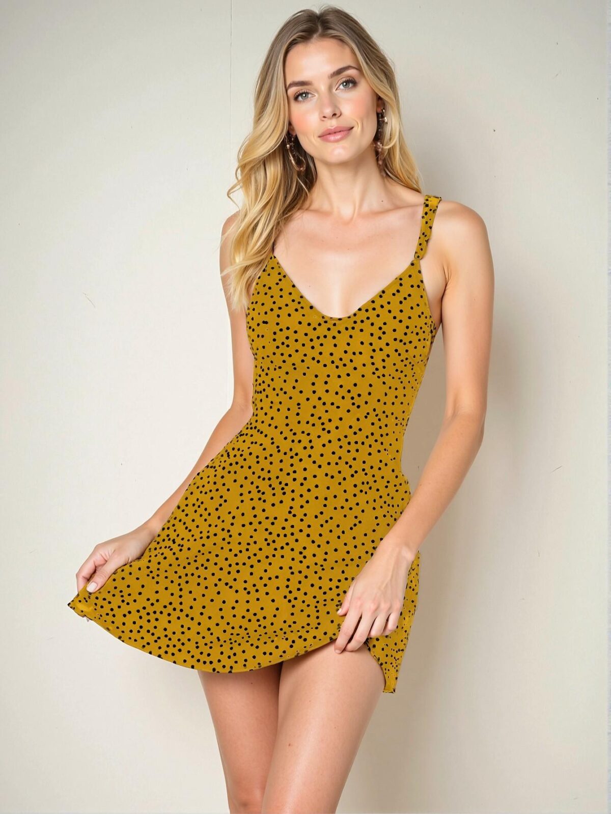 Elegant Yellow Y2K-Inspired Polka Dot V-Neck Slip Dress Perfect for Spring and Summer - Chic, Classy and Trendy Fashion Style to Dress to Impress - Image 3
