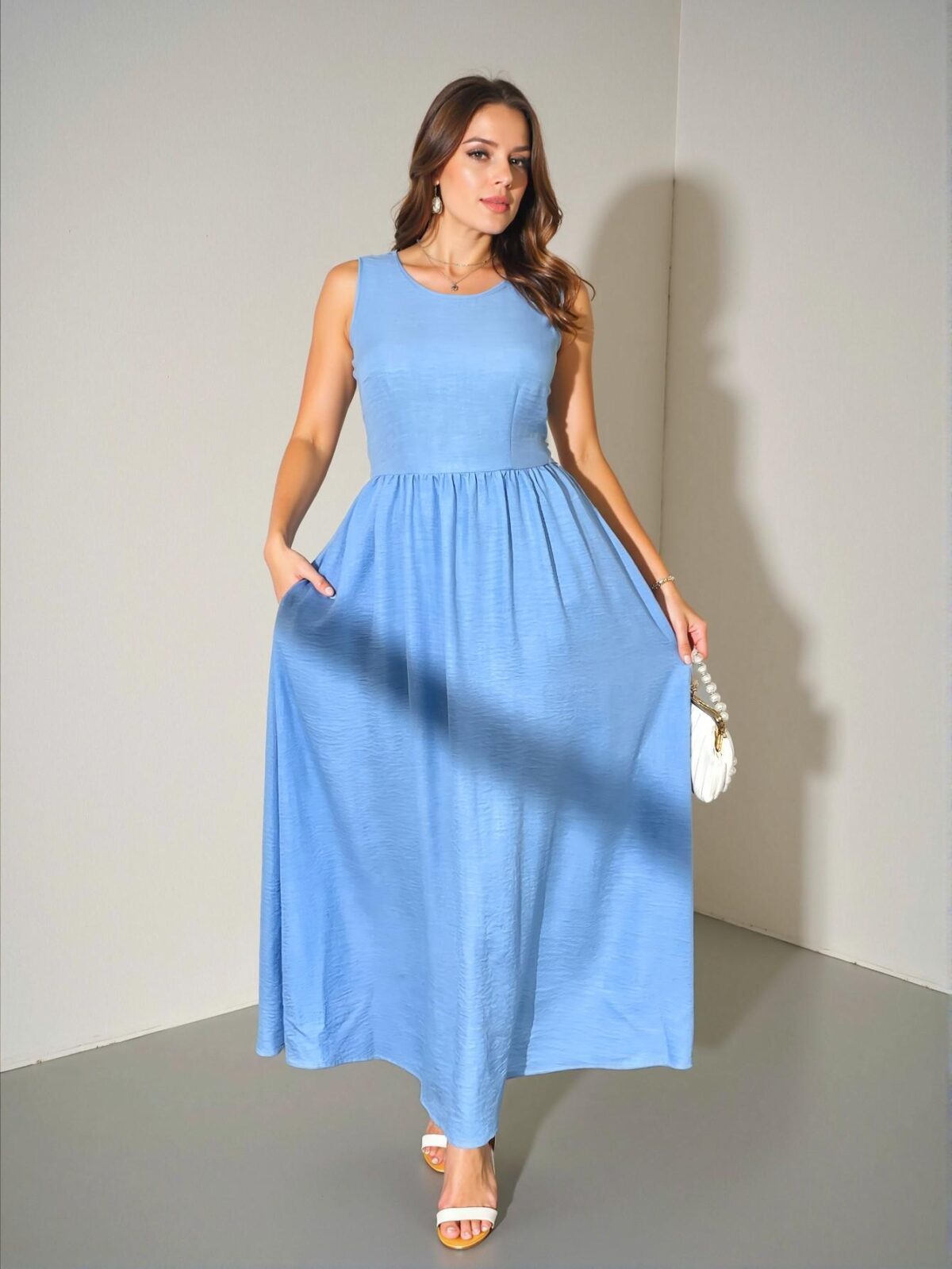 Elegant Navy Blue Flowy A-Line Maxi Dress, Cinched Waist with Pockets for Beach Vacations, Romantic Dates, and Special Occasions "Chic, Classy and Trendy Fashion Style to Dress to Impress" - Image 5