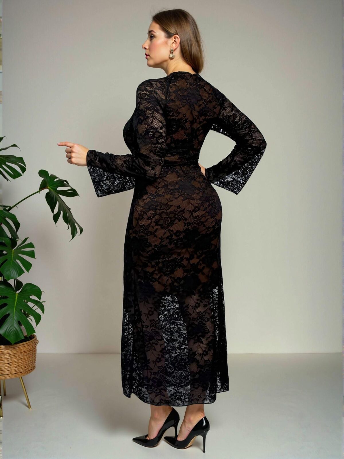 Elegant Black Flattering Lace Fitted Dress with V-Neck and Long Sleeves for Festivals and Parties – Chic, Classy, and Trendy Fashion Style to Dress to Impress - Image 3