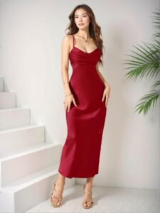Elegant Red Backless Spaghetti Strap Maxi Dress with Minimalist Design for Parties and Weddings, Perfect for party, prom, graduation day, and ceremony for university, college, and high school, Formal Evening Dinner Cocktail, Wedding Guest Gown, Chic, Classy and Trendy Fashion Style to Dress to Impress