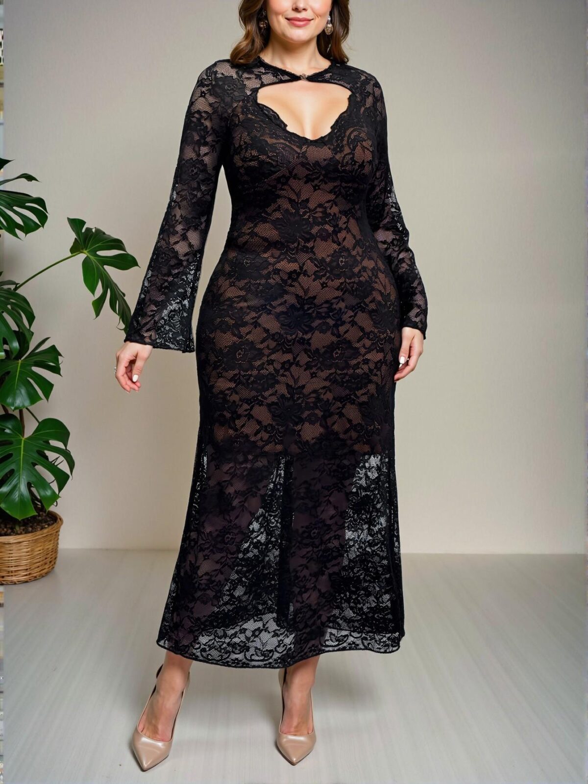 Elegant Black Flattering Lace Fitted Dress with V-Neck and Long Sleeves for Festivals and Parties – Chic, Classy, and Trendy Fashion Style to Dress to Impress - Image 4