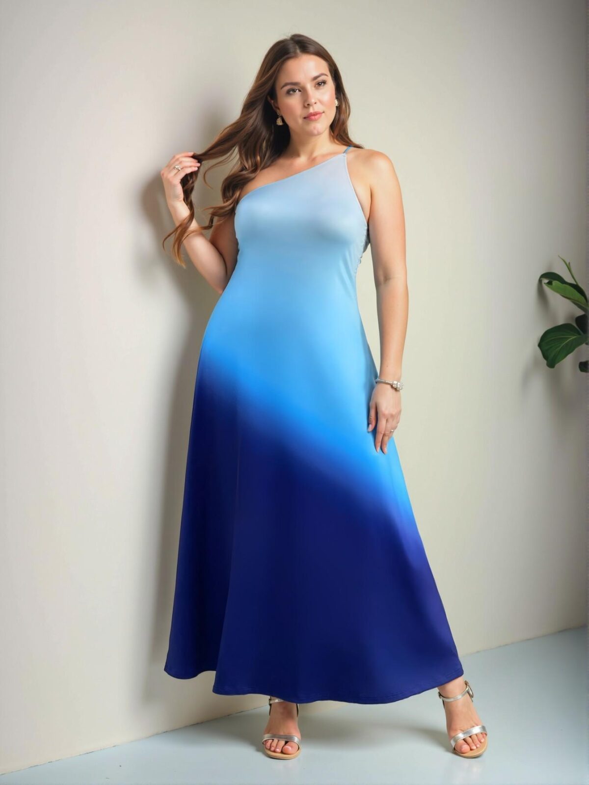 Elegant Blue Fitted Knit Asymmetrical Neck Maxi Dress with Ocean Gradient Print for Spring and Summer - Chic, Classy and Trendy Fashion Style to Dress to Impress