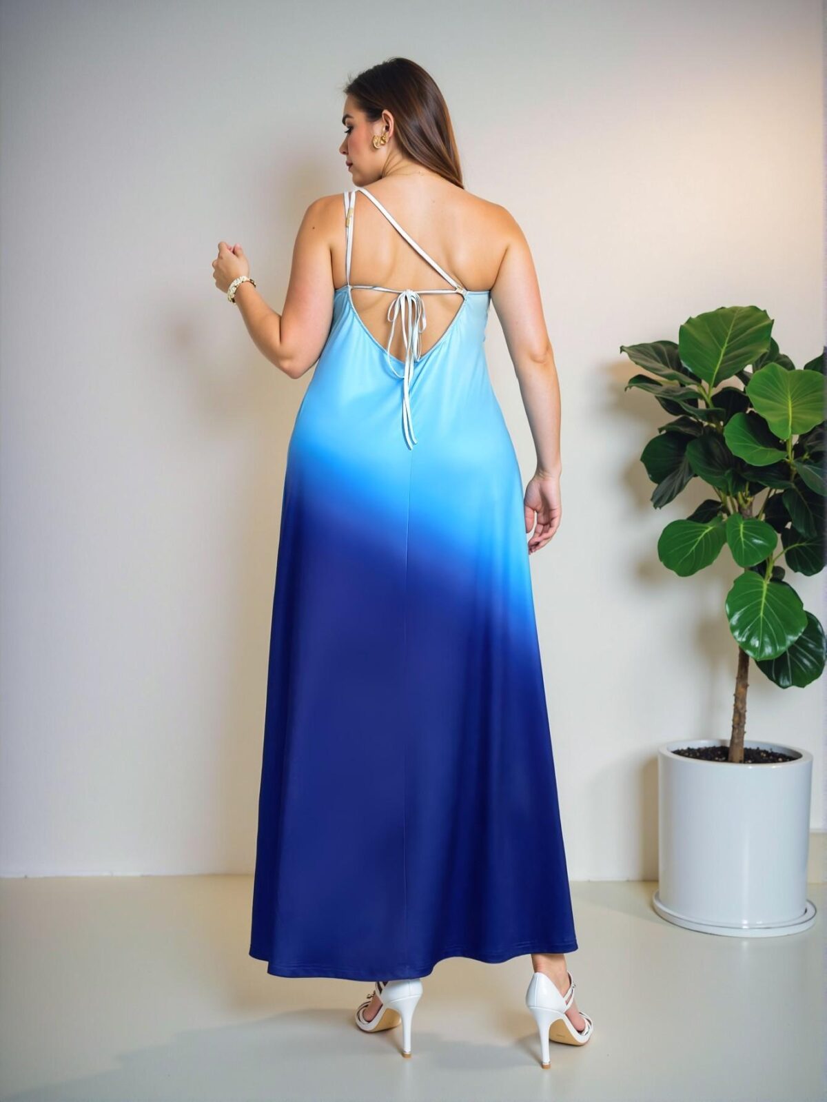 Elegant Blue Fitted Knit Asymmetrical Neck Maxi Dress with Ocean Gradient Print for Spring and Summer - Chic, Classy and Trendy Fashion Style to Dress to Impress - Image 2