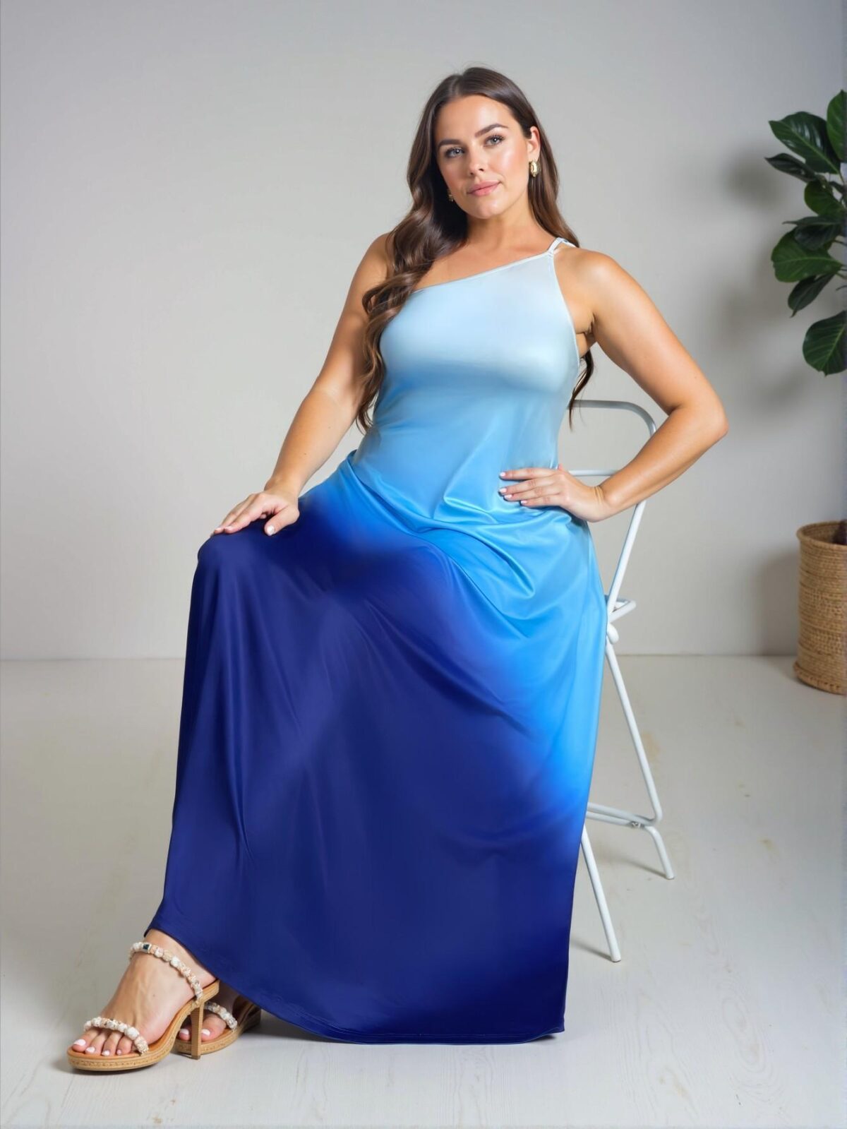 Elegant Blue Fitted Knit Asymmetrical Neck Maxi Dress with Ocean Gradient Print for Spring and Summer - Chic, Classy and Trendy Fashion Style to Dress to Impress - Image 3