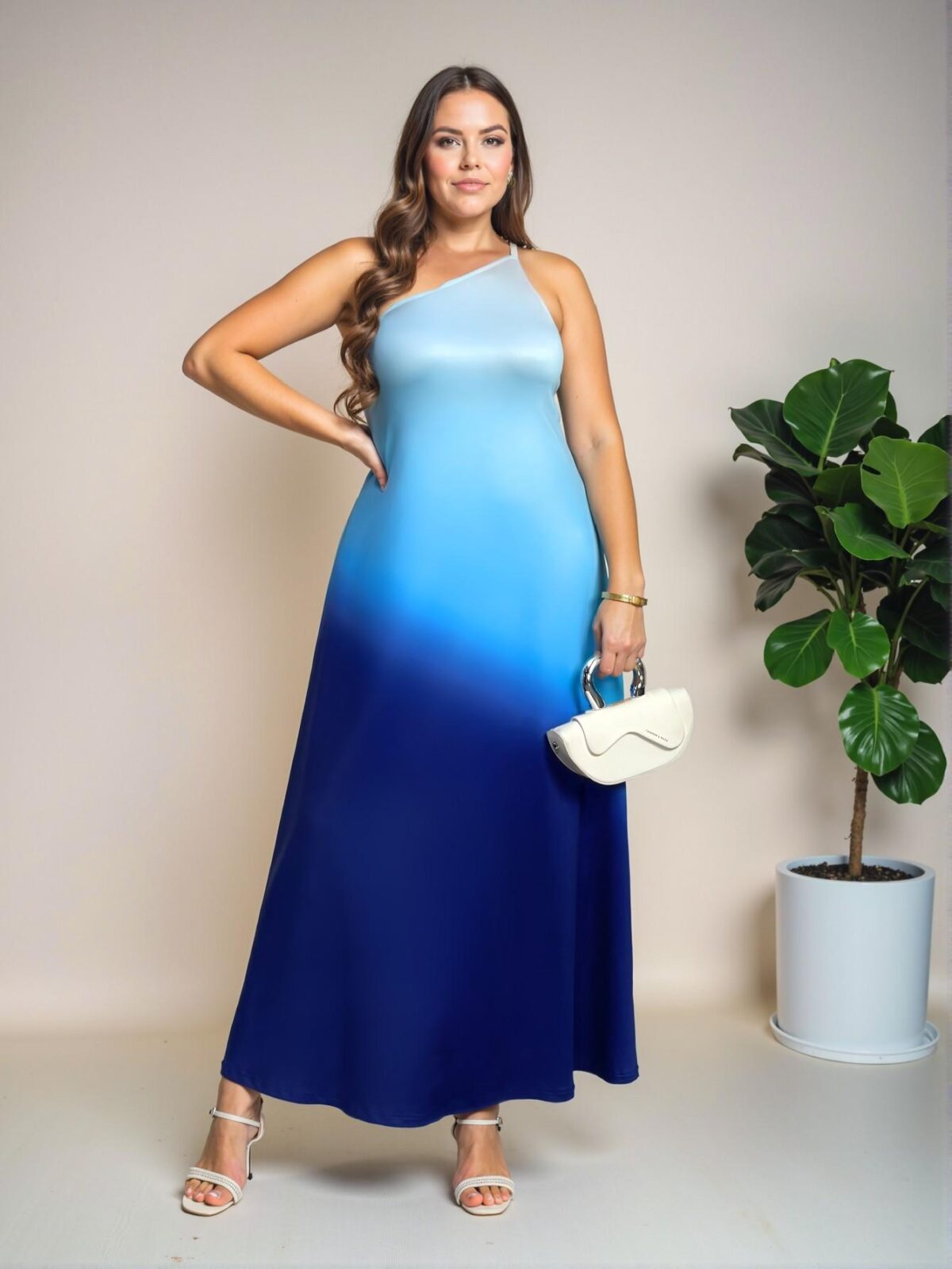 Elegant Blue Fitted Knit Asymmetrical Neck Maxi Dress with Ocean Gradient Print for Spring and Summer - Chic, Classy and Trendy Fashion Style to Dress to Impress - Image 4