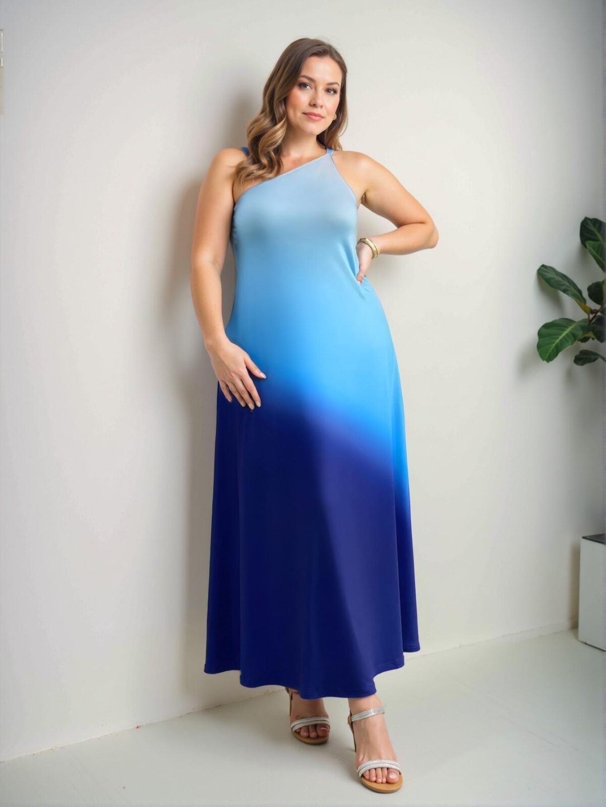 Elegant Blue Fitted Knit Asymmetrical Neck Maxi Dress with Ocean Gradient Print for Spring and Summer - Chic, Classy and Trendy Fashion Style to Dress to Impress - Image 5