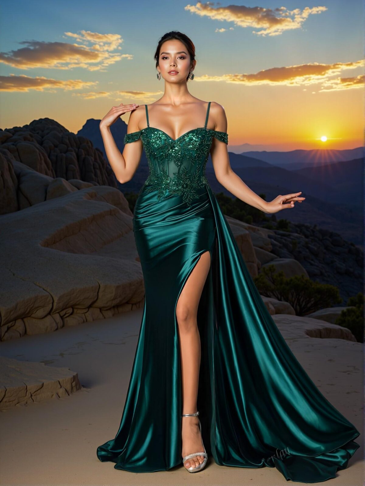 Elegant Dark Green Glamorous Slip Dress with Sparkly Embroidery and Beaded Details, Ideal for Evening Events, Weddings, Parties, and Proms. Perfect for party, prom, graduation day, and ceremony for university, college, and high school, Formal Evening Dinner Cocktail, Wedding Guest Gown, Chic, Classy, and Trendy Fashion Style to Dress to Impress. - Image 3