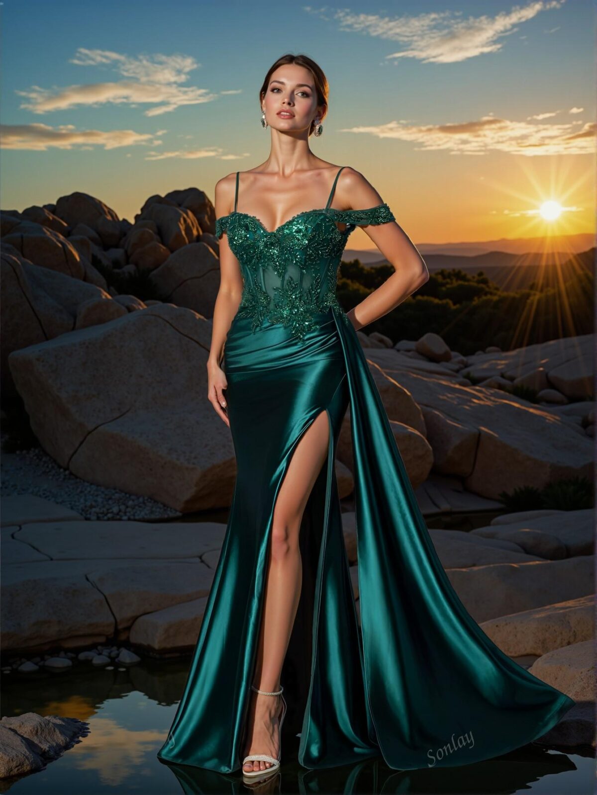 Elegant Dark Green Glamorous Slip Dress with Sparkly Embroidery and Beaded Details, Ideal for Evening Events, Weddings, Parties, and Proms. Perfect for party, prom, graduation day, and ceremony for university, college, and high school, Formal Evening Dinner Cocktail, Wedding Guest Gown, Chic, Classy, and Trendy Fashion Style to Dress to Impress. - Image 4