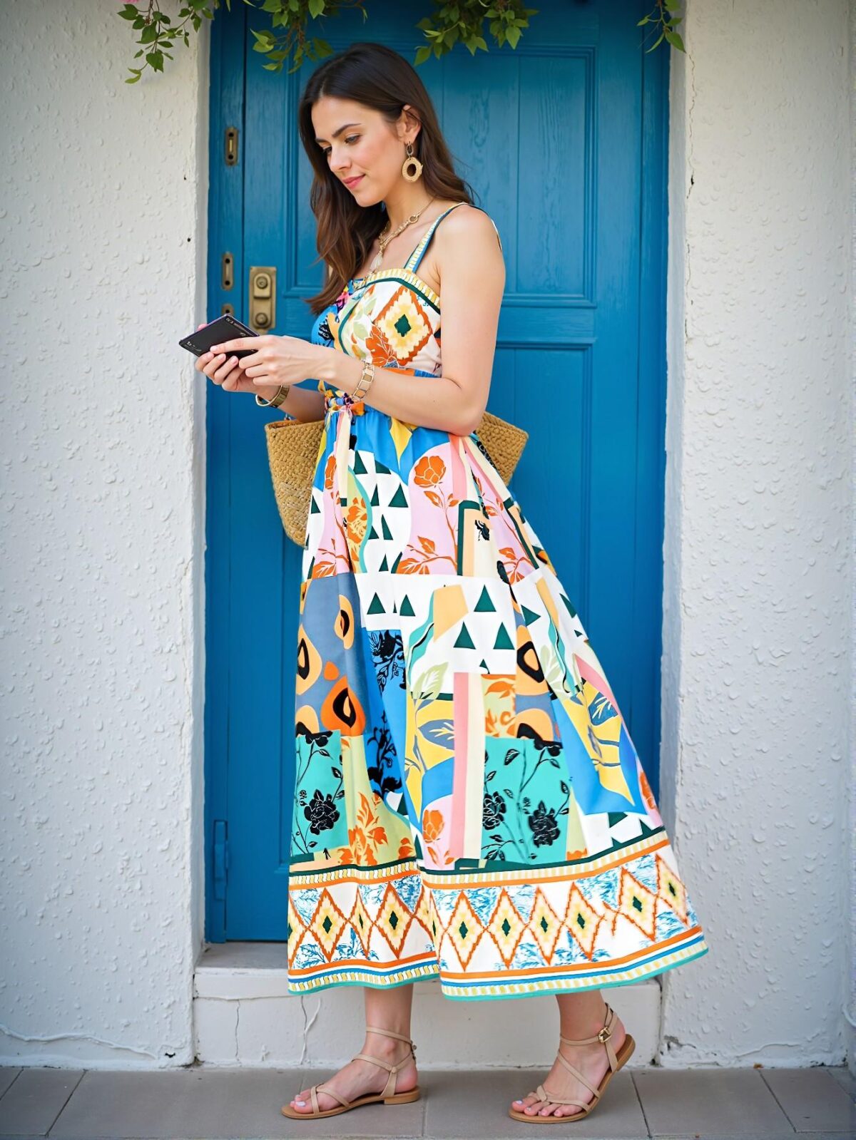 Elegant Multicolor Bohemian Midi Dress Featuring Sleeveless Spaghetti Straps, Ruffled Hem, and Vibrant Print for Spring and Summer Getaways - Chic, Classy and Trendy Fashion Style to Dress to Impress - Image 3