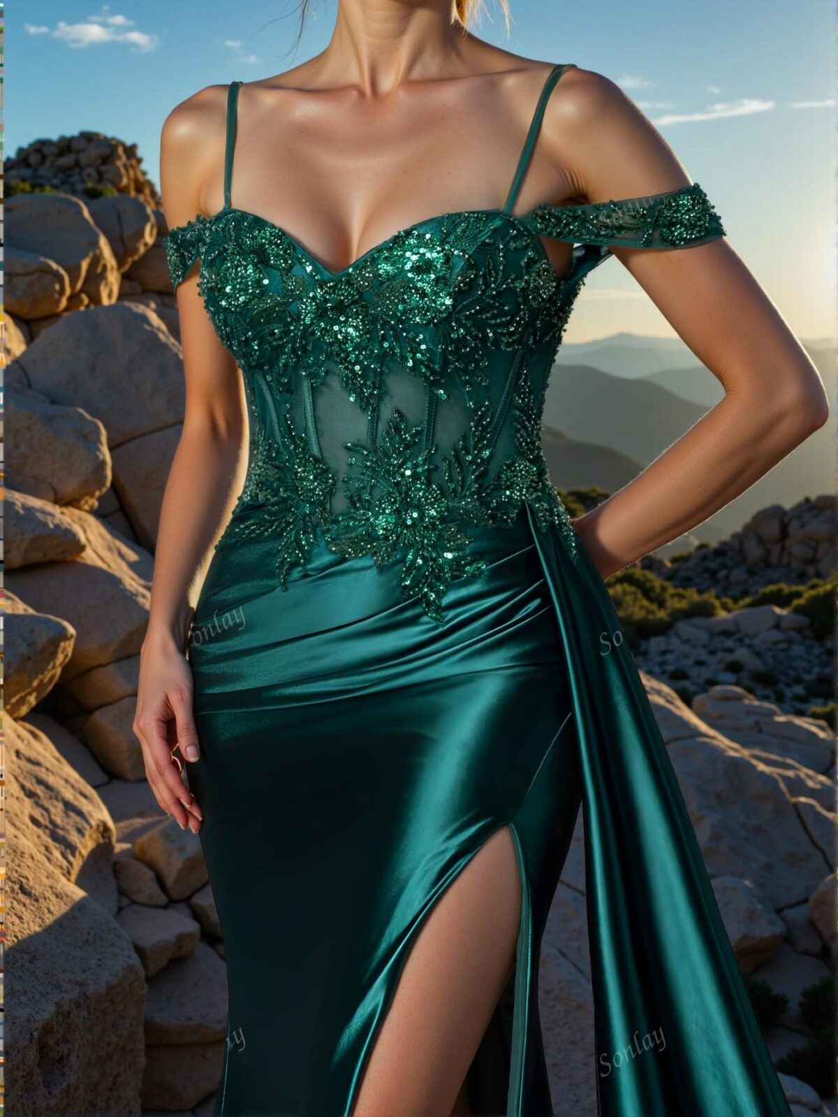 Elegant Dark Green Glamorous Slip Dress with Sparkly Embroidery and Beaded Details, Ideal for Evening Events, Weddings, Parties, and Proms. Perfect for party, prom, graduation day, and ceremony for university, college, and high school, Formal Evening Dinner Cocktail, Wedding Guest Gown, Chic, Classy, and Trendy Fashion Style to Dress to Impress. - Image 5