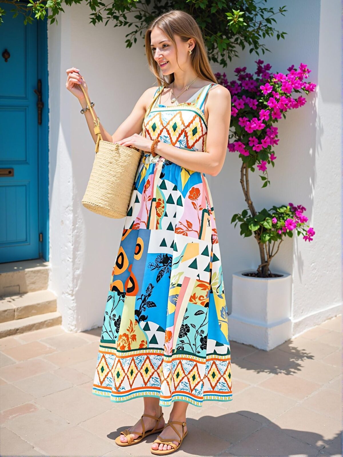Elegant Multicolor Bohemian Midi Dress Featuring Sleeveless Spaghetti Straps, Ruffled Hem, and Vibrant Print for Spring and Summer Getaways - Chic, Classy and Trendy Fashion Style to Dress to Impress - Image 5