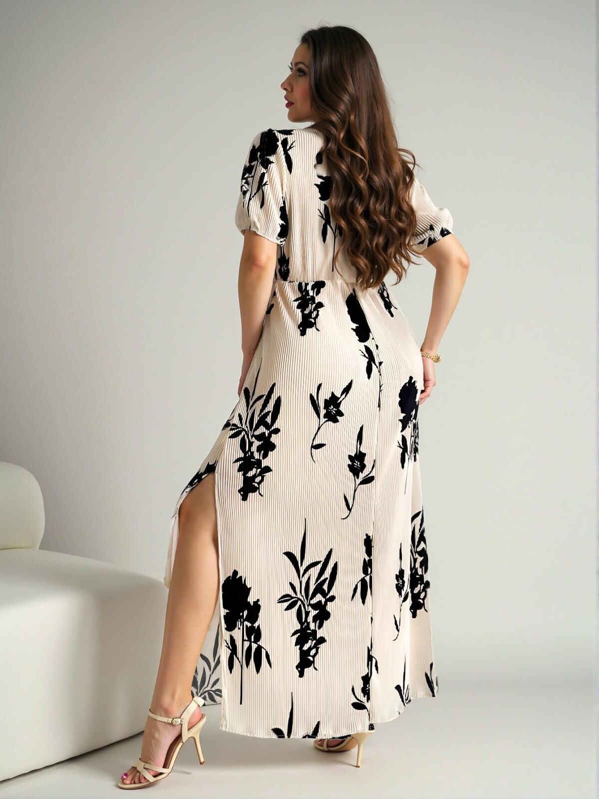 Elegant Apricot Floral Pleated Cut-Out Puff Sleeve Dress for Spring and Summer Celebrations - Chic, Classy and Trendy Fashion Style to Dress to Impress - Image 2
