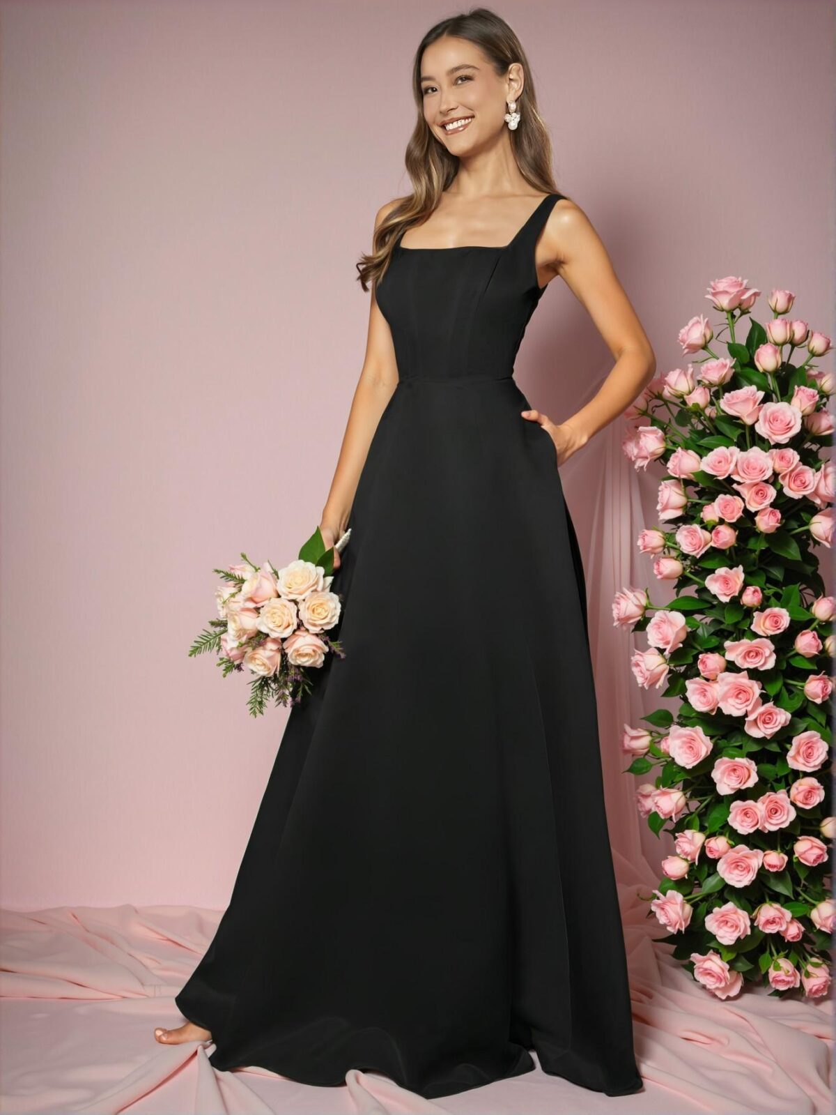 Elegant Black A-Line Cami Maxi Dress with Backless Knot Details, Perfect for party, prom, graduation day, and ceremony for university, college, and high school, Formal Evening Dinner Cocktail, Wedding Guest Gown, Chic, Classy and Trendy Fashion Style to Dress to Impress