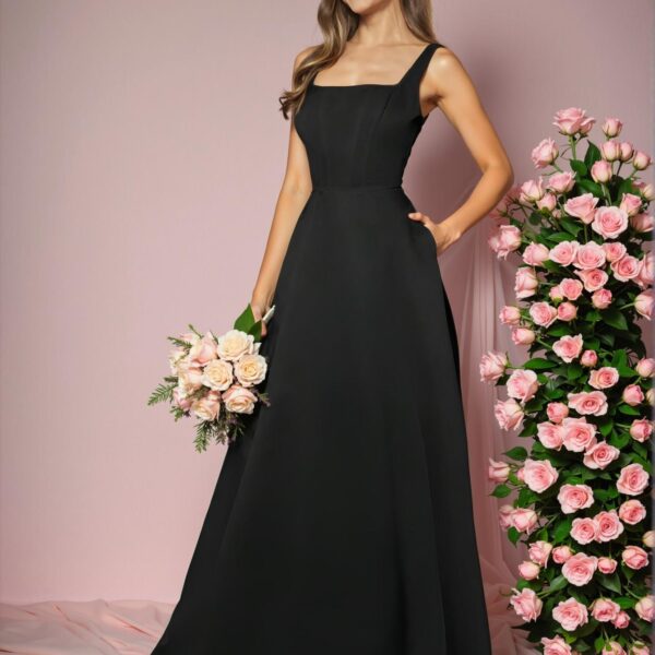 Elegant Black A-Line Cami Maxi Dress with Backless Knot Details, Perfect for party, prom, graduation day, and ceremony for university, college, and high school, Formal Evening Dinner Cocktail, Wedding Guest Gown, Chic, Classy and Trendy Fashion Style to Dress to Impress
