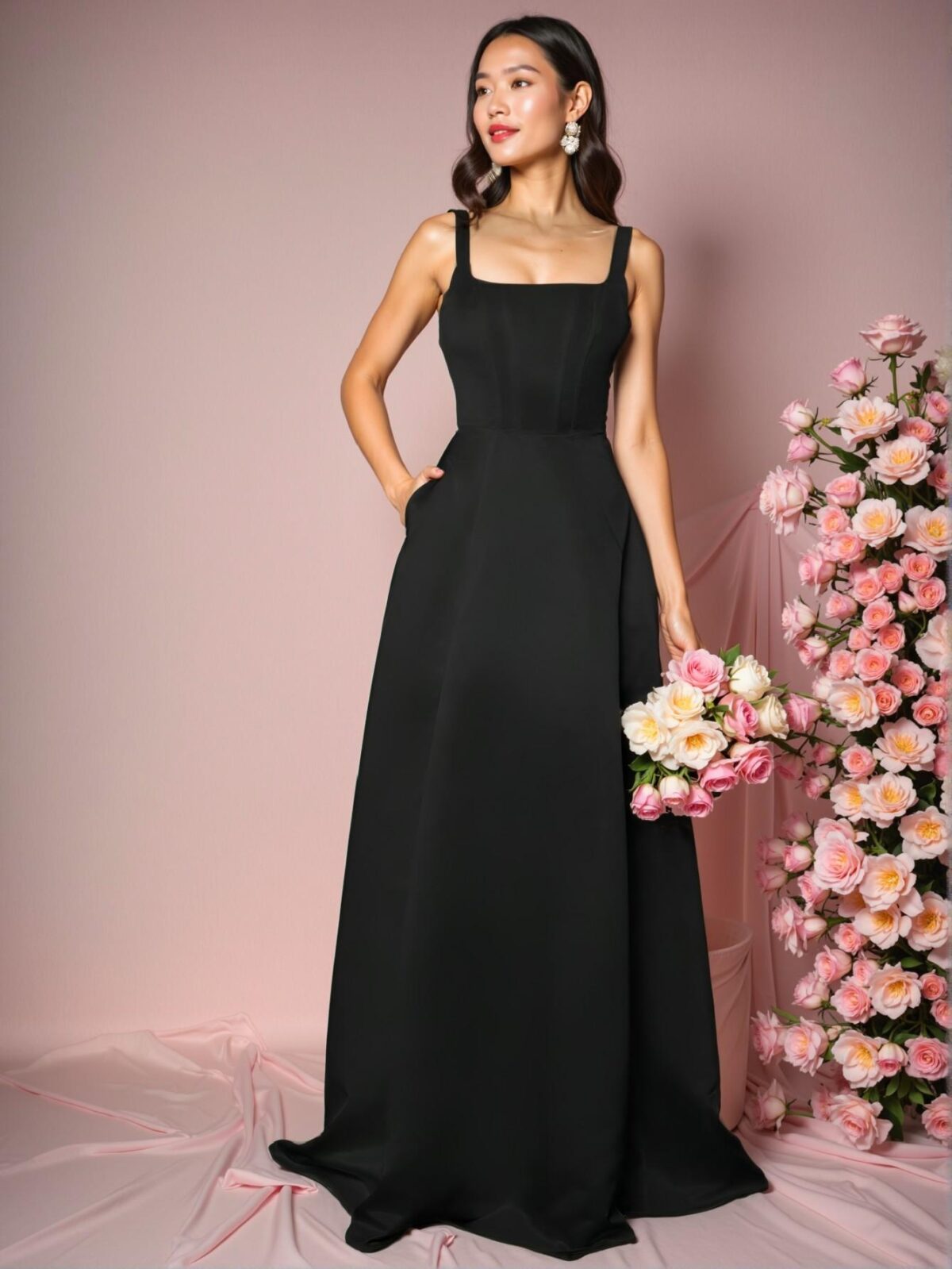 Elegant Black A-Line Cami Maxi Dress with Backless Knot Details, Perfect for party, prom, graduation day, and ceremony for university, college, and high school, Formal Evening Dinner Cocktail, Wedding Guest Gown, Chic, Classy and Trendy Fashion Style to Dress to Impress - Image 3