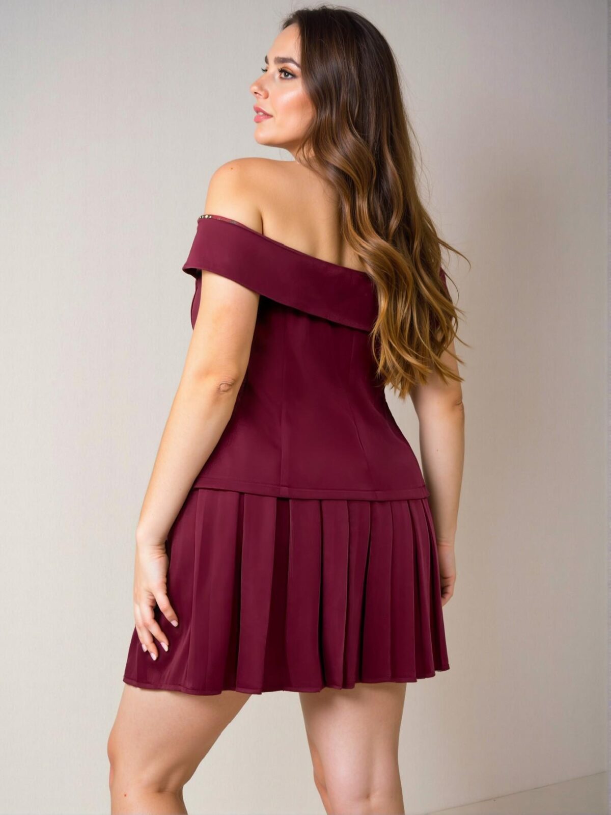 Elegant Burgundy Plus Size Off Shoulder Blouse and Pleated Skirt Outfit for Spring and Summer - Chic, Classy and Trendy Fashion Style to Dress to Impress - Image 2