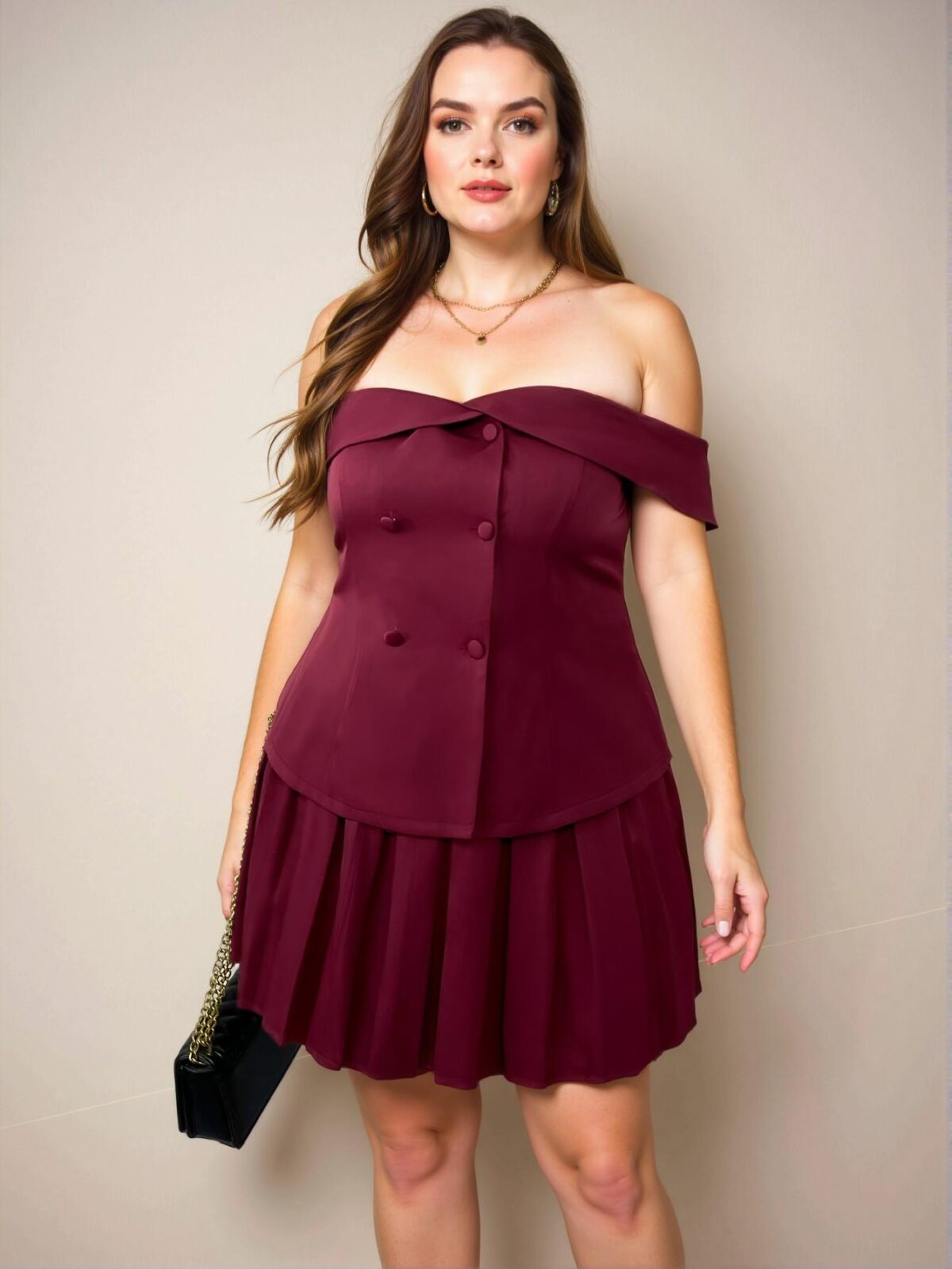 Elegant Burgundy Plus Size Off Shoulder Blouse and Pleated Skirt Outfit for Spring and Summer - Chic, Classy and Trendy Fashion Style to Dress to Impress - Image 4