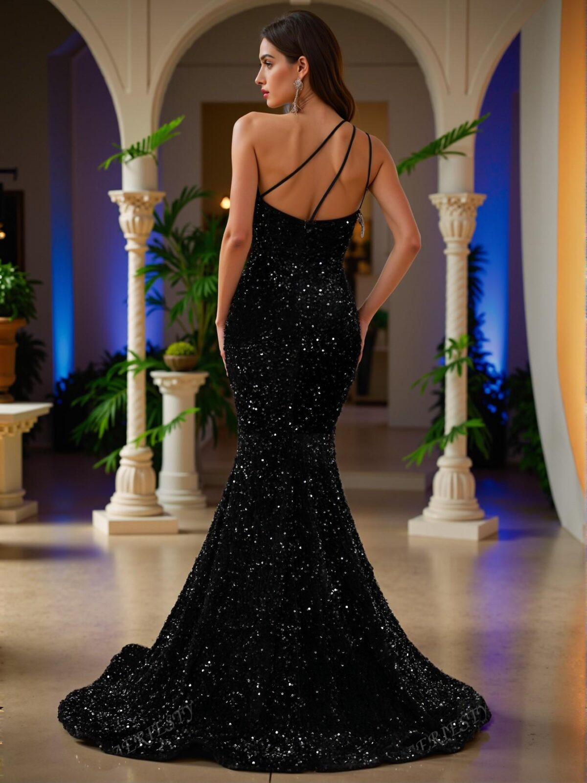 Elegant Black Asymmetrical Neck Sequin Mermaid Gown with Fish-Tail Hem | Luxurious Evening Dress for Formal Events, Weddings, and Parties. Perfect for party, prom, graduation day, and ceremony for university, college, and high school, Formal Evening Dinner Cocktail, Wedding Guest Gown, Chic, Classy and Trendy Fashion Style to Dress to Impress. - Image 2