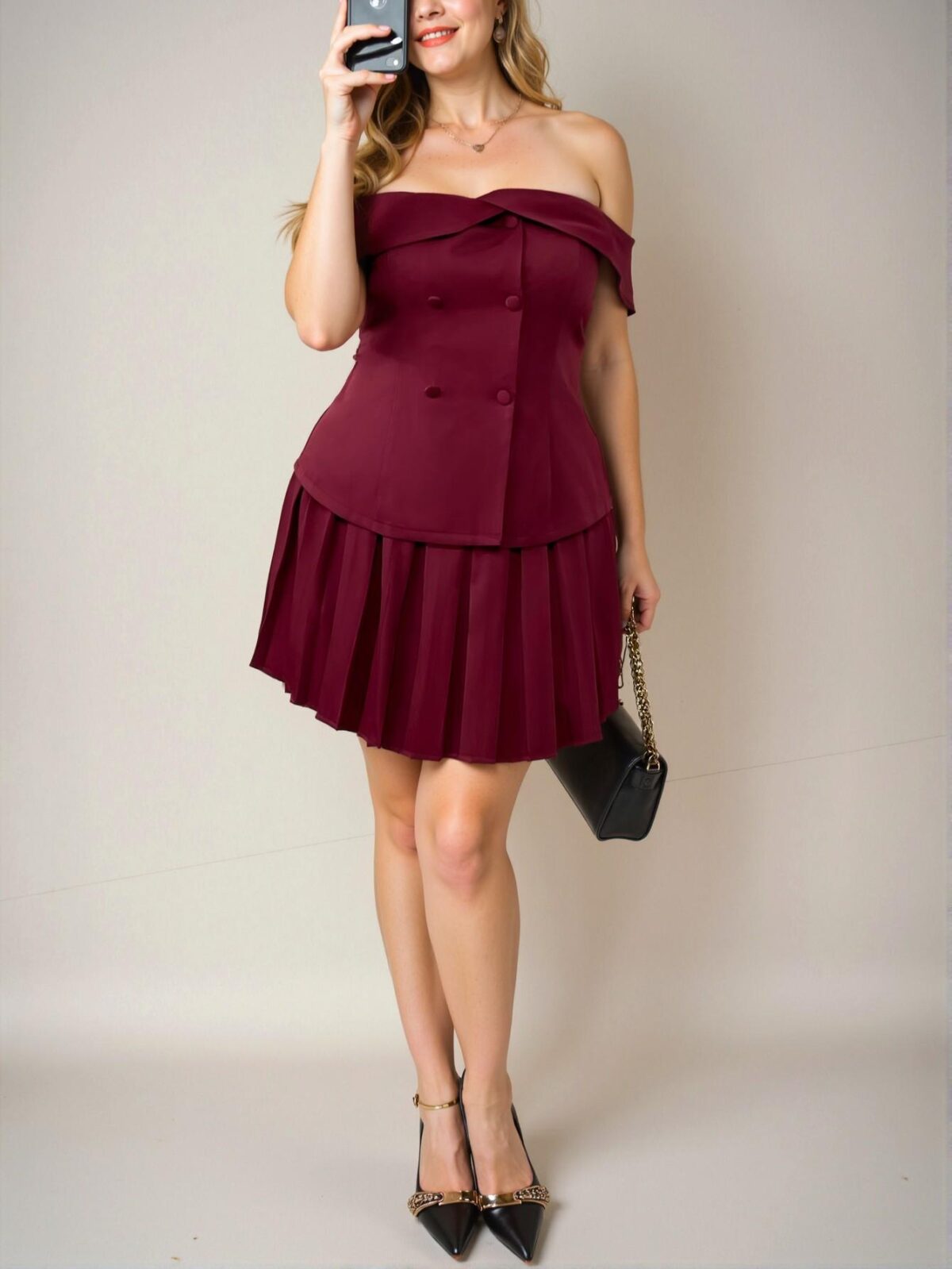 Elegant Burgundy Plus Size Off Shoulder Blouse and Pleated Skirt Outfit for Spring and Summer - Chic, Classy and Trendy Fashion Style to Dress to Impress - Image 5