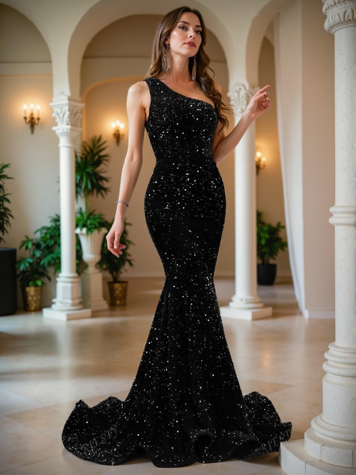 Elegant Black Asymmetrical Neck Sequin Mermaid Gown with Fish-Tail Hem | Luxurious Evening Dress for Formal Events, Weddings, and Parties. Perfect for party, prom, graduation day, and ceremony for university, college, and high school, Formal Evening Dinner Cocktail, Wedding Guest Gown, Chic, Classy and Trendy Fashion Style to Dress to Impress. - Image 4
