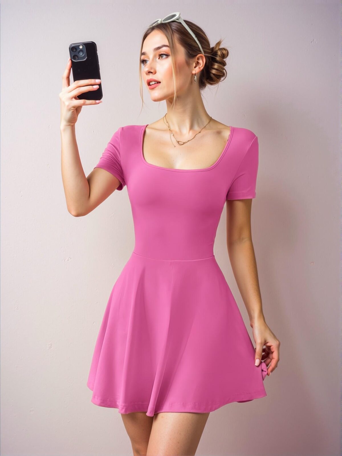 Elegant Hot Pink Casual Mini Dress with Short Sleeves for Spring and Summer, Chic, Classy and Trendy Fashion Style to Dress to Impress - Image 3