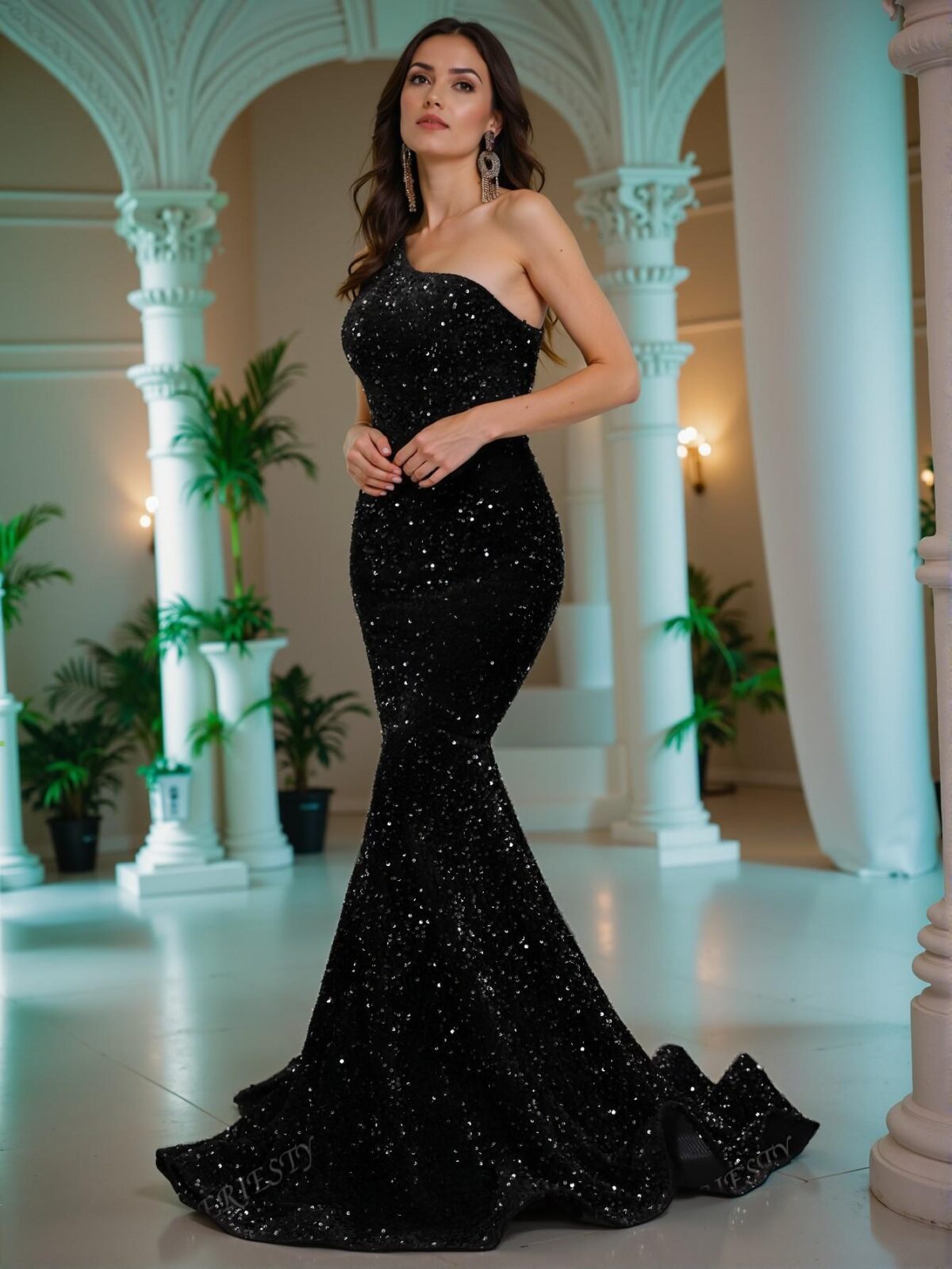 Elegant Black Asymmetrical Neck Sequin Mermaid Gown with Fish-Tail Hem | Luxurious Evening Dress for Formal Events, Weddings, and Parties. Perfect for party, prom, graduation day, and ceremony for university, college, and high school, Formal Evening Dinner Cocktail, Wedding Guest Gown, Chic, Classy and Trendy Fashion Style to Dress to Impress. - Image 5
