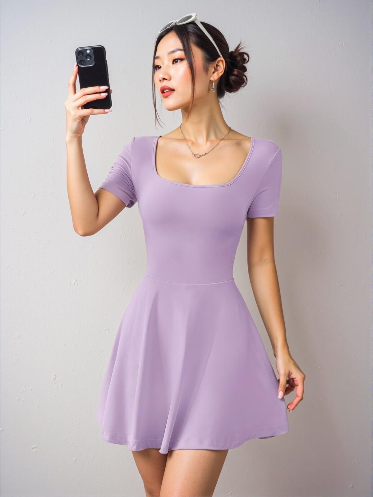 Elegant Lilac Cropped Knit Mini Dress with Square Neck and Ruffled Hem - Chic, Classy, and Trendy Fashion Style to Dress to Impress - Image 3