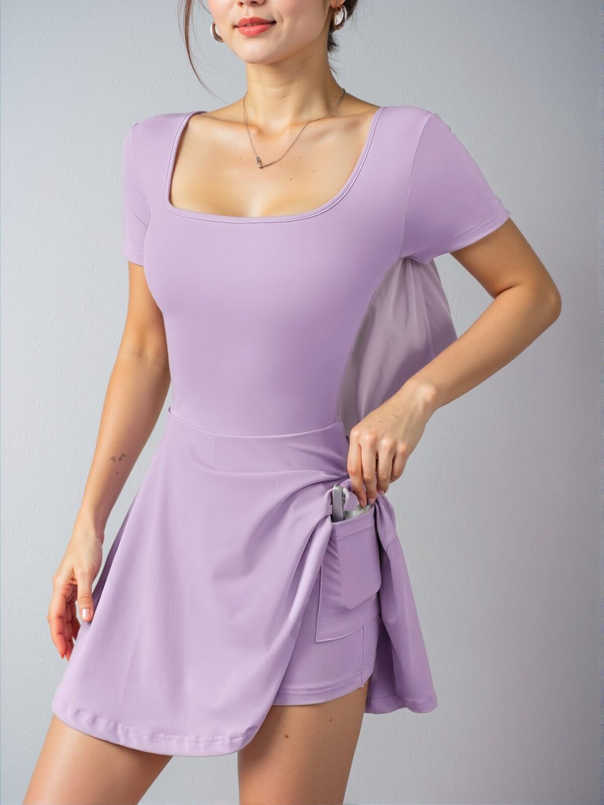 Elegant Lilac Cropped Knit Mini Dress with Square Neck and Ruffled Hem - Chic, Classy, and Trendy Fashion Style to Dress to Impress - Image 4