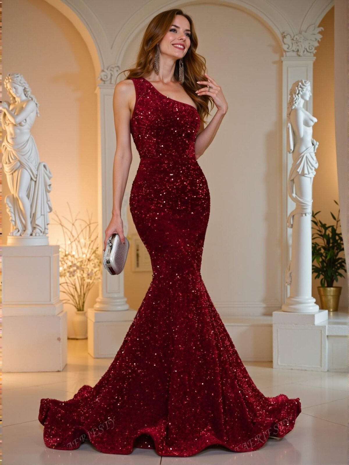 Elegant Burgundy Glamorous Asymmetrical Neck Gown with Glittering Sequins and Fish-Tail Hem, Ideal for Black Tie Events, Weddings, and Evening Gatherings. Perfect for party, prom, graduation day, and ceremony for university, college, and high school, Formal Evening Dinner Cocktail, Wedding Guest Gown, Chic, Classy and Trendy Fashion Style to Dress to Impress.