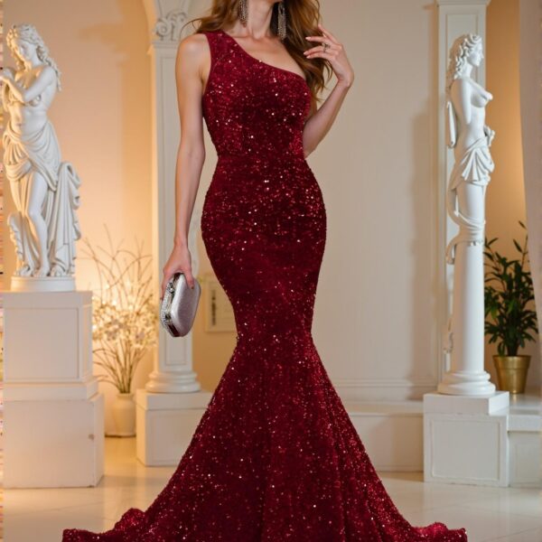 Elegant Burgundy Glamorous Asymmetrical Neck Gown with Glittering Sequins and Fish-Tail Hem, Ideal for Black Tie Events, Weddings, and Evening Gatherings. Perfect for party, prom, graduation day, and ceremony for university, college, and high school, Formal Evening Dinner Cocktail, Wedding Guest Gown, Chic, Classy and Trendy Fashion Style to Dress to Impress.