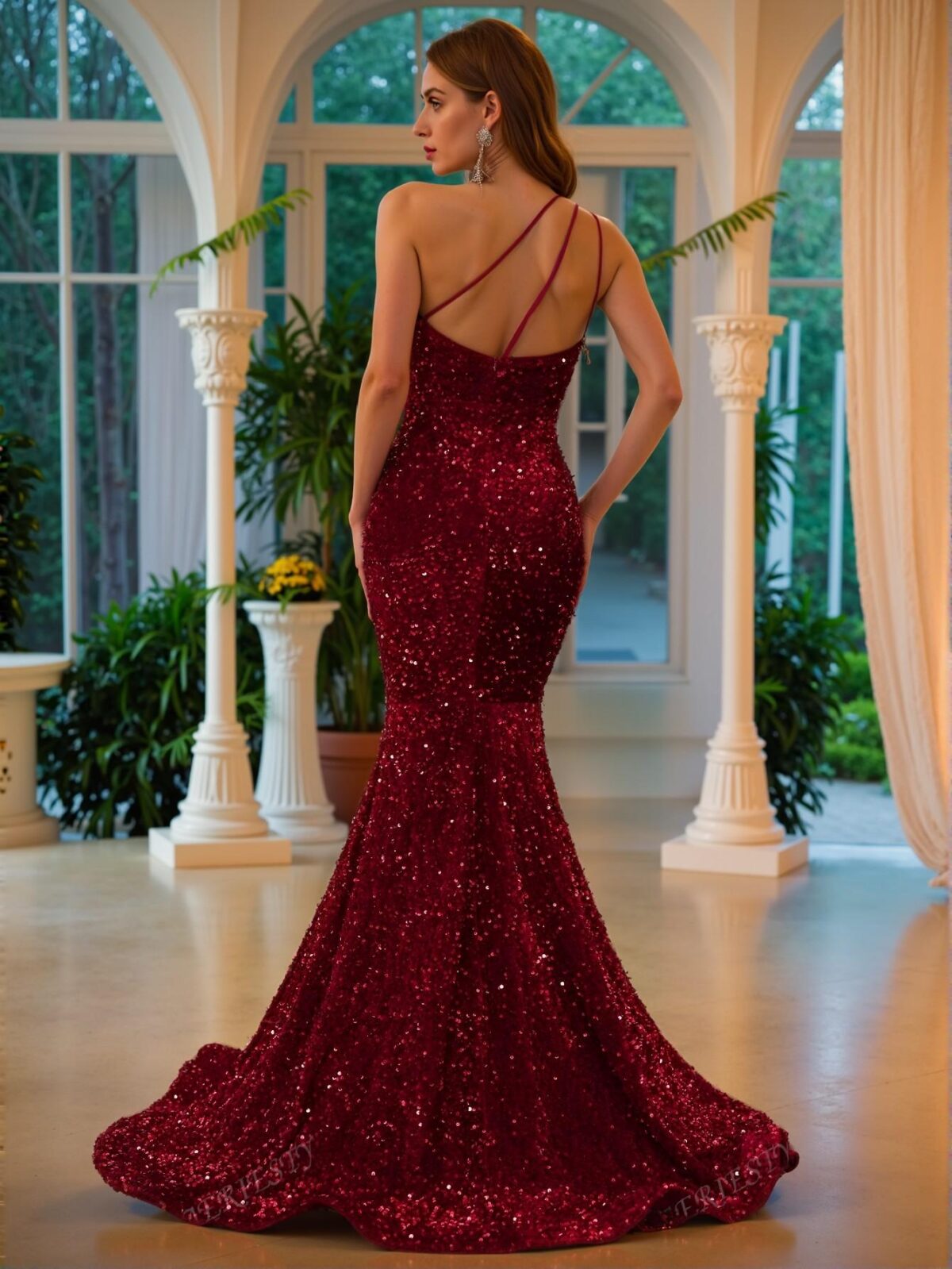 Elegant Burgundy Glamorous Asymmetrical Neck Gown with Glittering Sequins and Fish-Tail Hem, Ideal for Black Tie Events, Weddings, and Evening Gatherings. Perfect for party, prom, graduation day, and ceremony for university, college, and high school, Formal Evening Dinner Cocktail, Wedding Guest Gown, Chic, Classy and Trendy Fashion Style to Dress to Impress. - Image 2