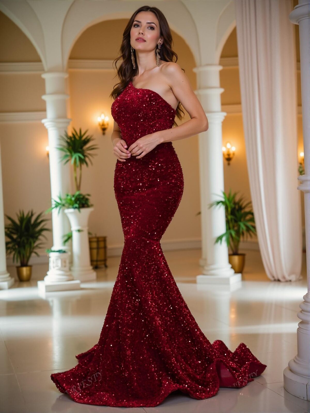 Elegant Burgundy Glamorous Asymmetrical Neck Gown with Glittering Sequins and Fish-Tail Hem, Ideal for Black Tie Events, Weddings, and Evening Gatherings. Perfect for party, prom, graduation day, and ceremony for university, college, and high school, Formal Evening Dinner Cocktail, Wedding Guest Gown, Chic, Classy and Trendy Fashion Style to Dress to Impress. - Image 5