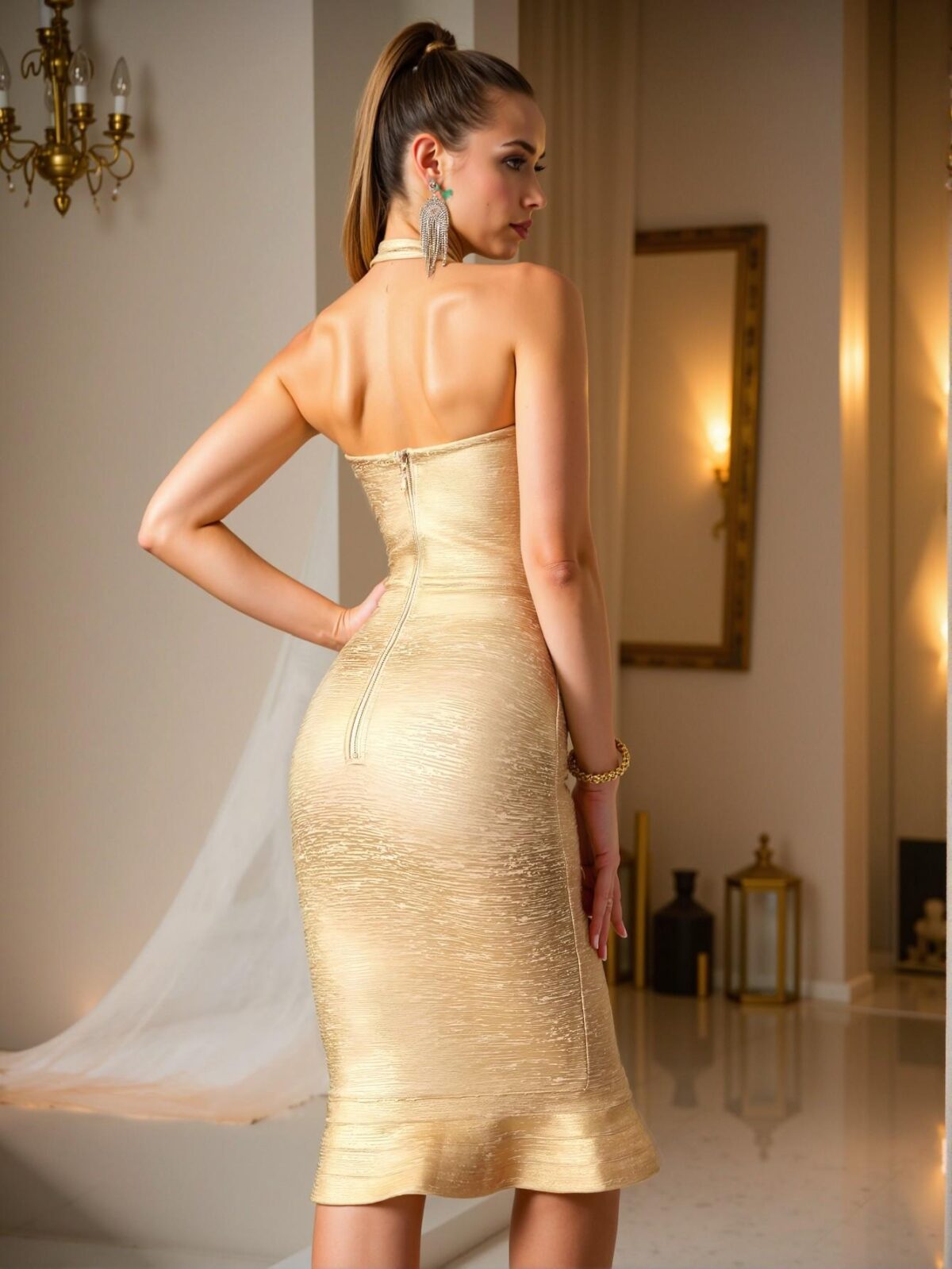 Elegant Gold Halter Mermaid Bandage Bodycon Dress, Perfect for party, prom, graduation day, and ceremony for university, college, and high school, Formal Evening Dinner Cocktail, Wedding Guest Gown, Chic, Classy and Trendy Fashion Style to Dress to Impress. - Image 2