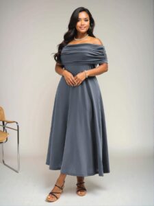 Elegant Grey Flared A-Line Maxi Dress with Off-Shoulder Ruched Design for a Comfortable Casual Look, Perfect for Spring and Summer "Chic, Classy and Trendy Fashion Style to Dress to Impress"