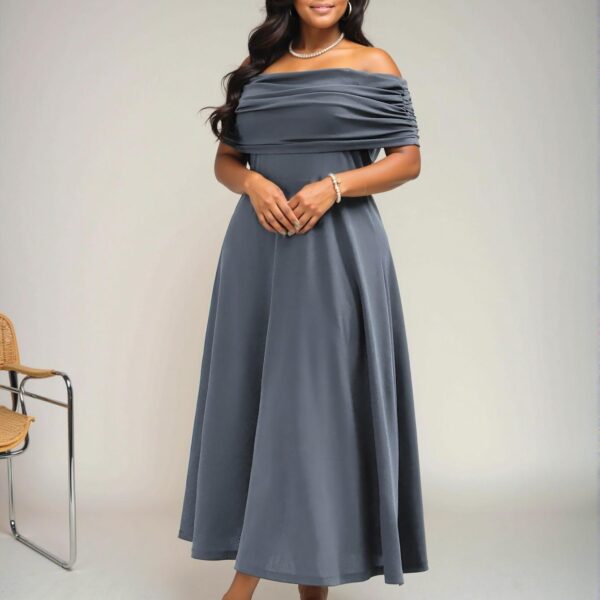 Elegant Grey Flared A-Line Maxi Dress with Off-Shoulder Ruched Design for a Comfortable Casual Look, Perfect for Spring and Summer "Chic, Classy and Trendy Fashion Style to Dress to Impress"