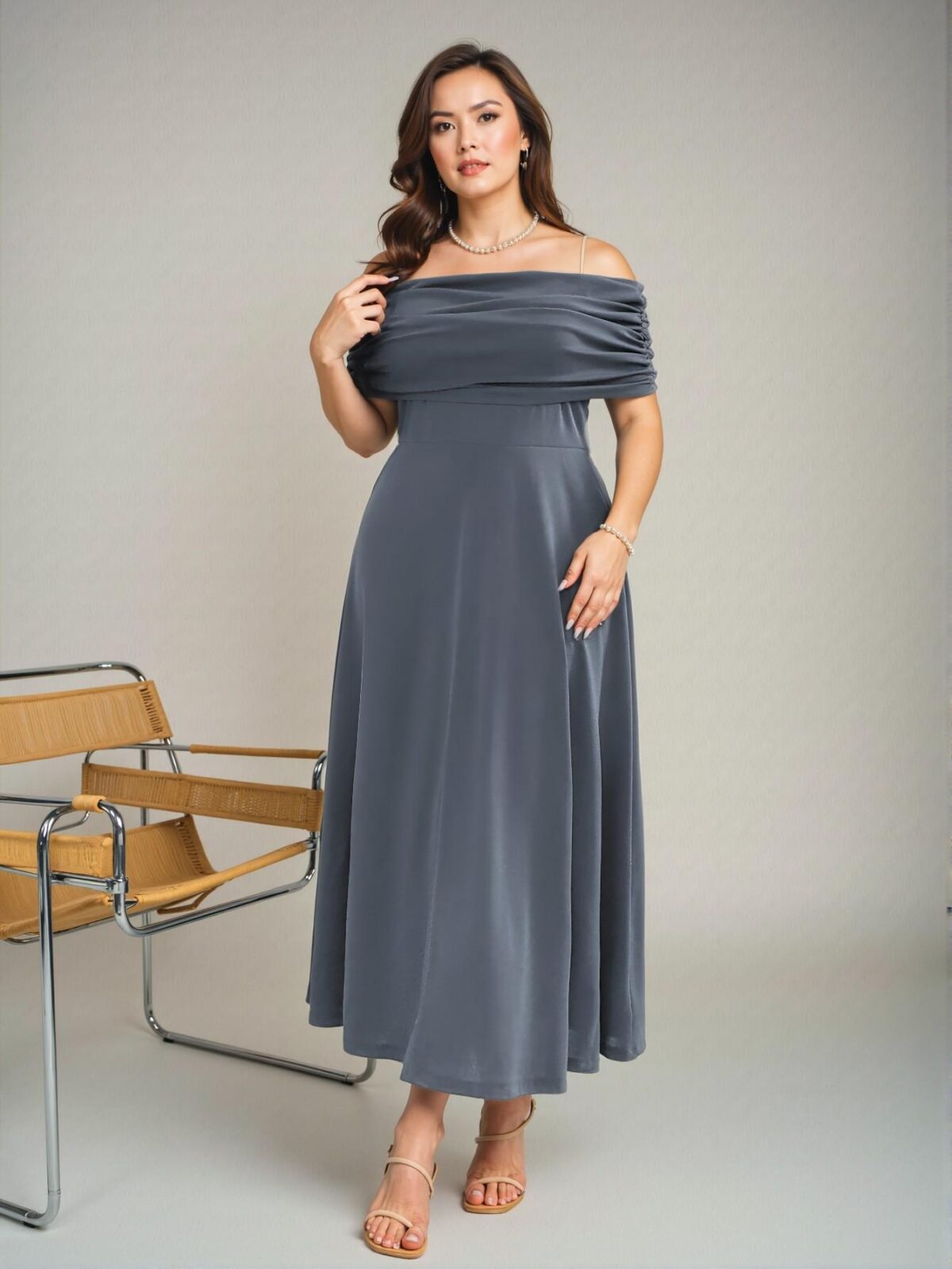 Elegant Grey Flared A-Line Maxi Dress with Off-Shoulder Ruched Design for a Comfortable Casual Look, Perfect for Spring and Summer "Chic, Classy and Trendy Fashion Style to Dress to Impress" - Image 3