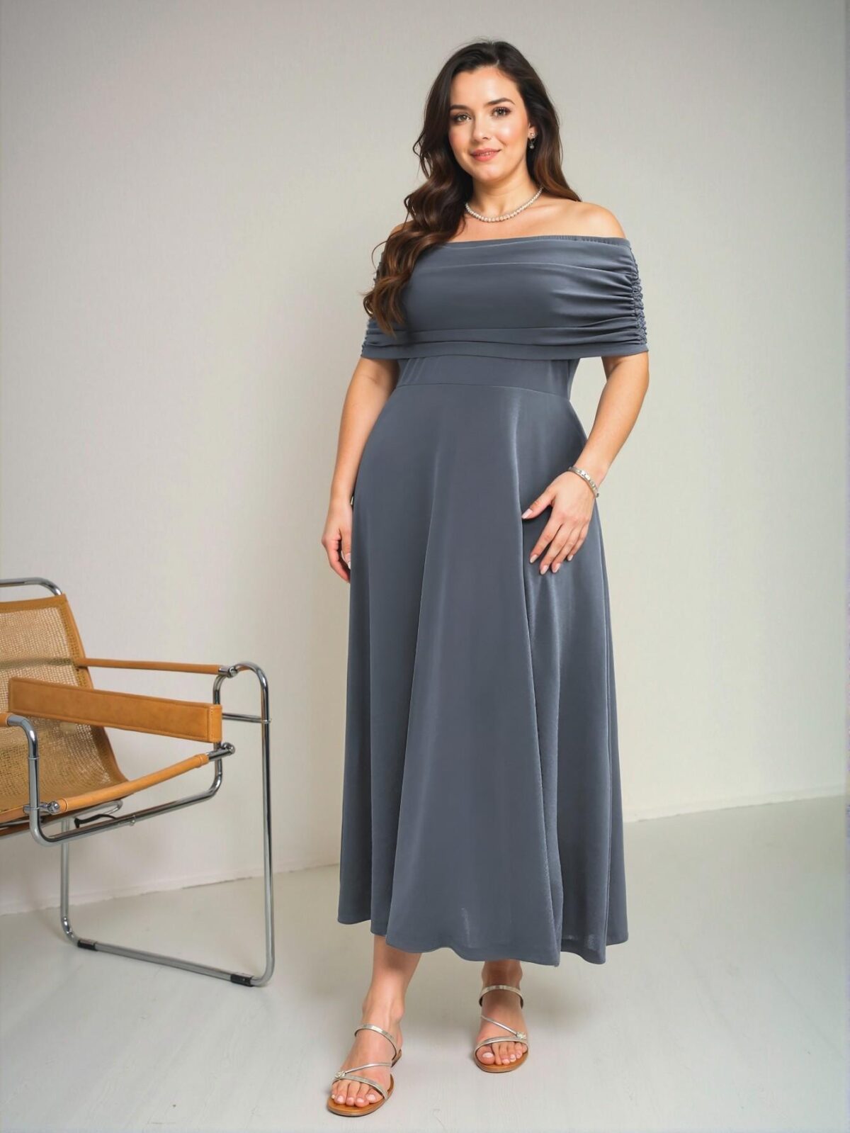 Elegant Grey Flared A-Line Maxi Dress with Off-Shoulder Ruched Design for a Comfortable Casual Look, Perfect for Spring and Summer "Chic, Classy and Trendy Fashion Style to Dress to Impress" - Image 4