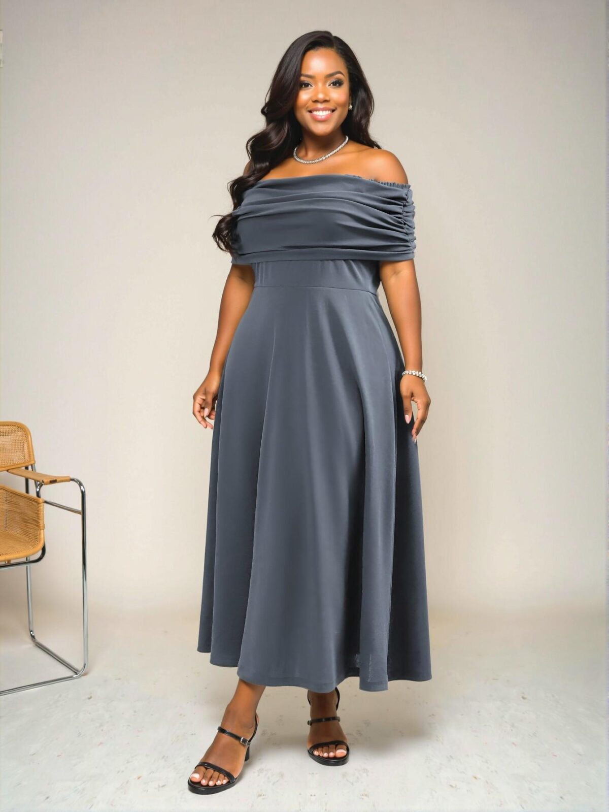 Elegant Grey Flared A-Line Maxi Dress with Off-Shoulder Ruched Design for a Comfortable Casual Look, Perfect for Spring and Summer "Chic, Classy and Trendy Fashion Style to Dress to Impress" - Image 5