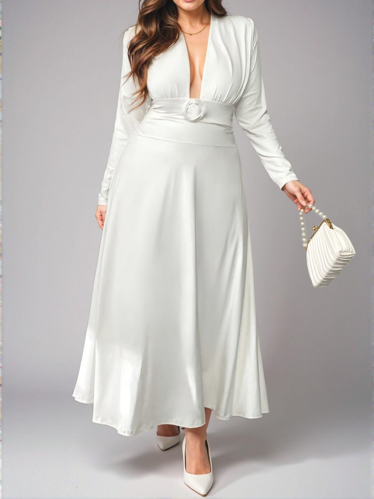 Elegant White Floral Print Deep V-Neck Long Sleeve Fitted Dress Perfect for Work, Afternoon Tea, Date Night, Concerts, and Romantic Outings in Spring and Summer - Chic, Classy and Trendy Fashion Style to Dress to Impress