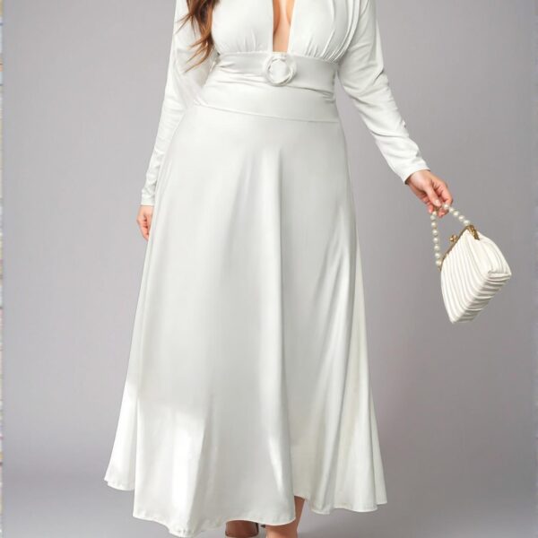Elegant White Floral Print Deep V-Neck Long Sleeve Fitted Dress Perfect for Work, Afternoon Tea, Date Night, Concerts, and Romantic Outings in Spring and Summer - Chic, Classy and Trendy Fashion Style to Dress to Impress