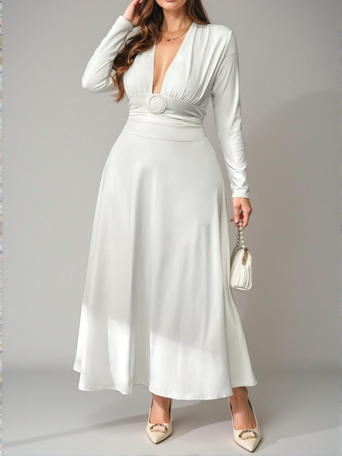 Elegant White Floral Print Deep V-Neck Long Sleeve Fitted Dress Perfect for Work, Afternoon Tea, Date Night, Concerts, and Romantic Outings in Spring and Summer - Chic, Classy and Trendy Fashion Style to Dress to Impress - Image 2