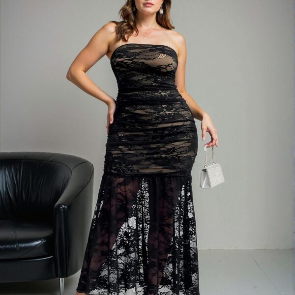 Elegant Black Strapless Lace Midi Dress, Romantic Bodycon Style for Spring and Summer - Chic, Classy and Trendy Fashion to Impress