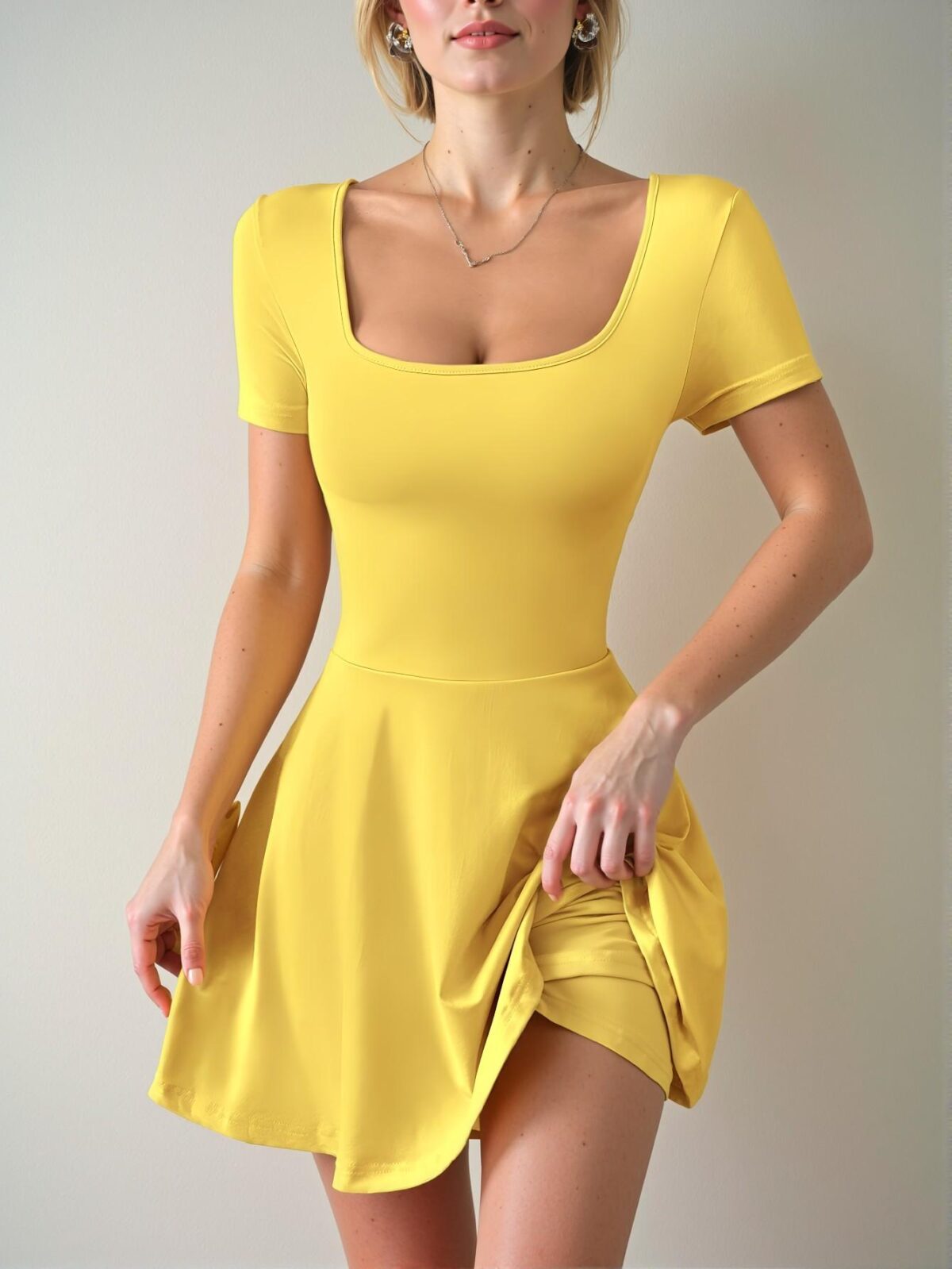 Elegant Yellow Casual Square Neck Short Sleeve Mini Dress with Ruffle Hem for Spring and Summer: Chic, Classy and Trendy Fashion Style to Dress to Impress