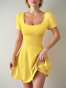 Elegant Yellow Casual Square Neck Short Sleeve Mini Dress with Ruffle Hem for Spring and Summer: Chic, Classy and Trendy Fashion Style to Dress to Impress