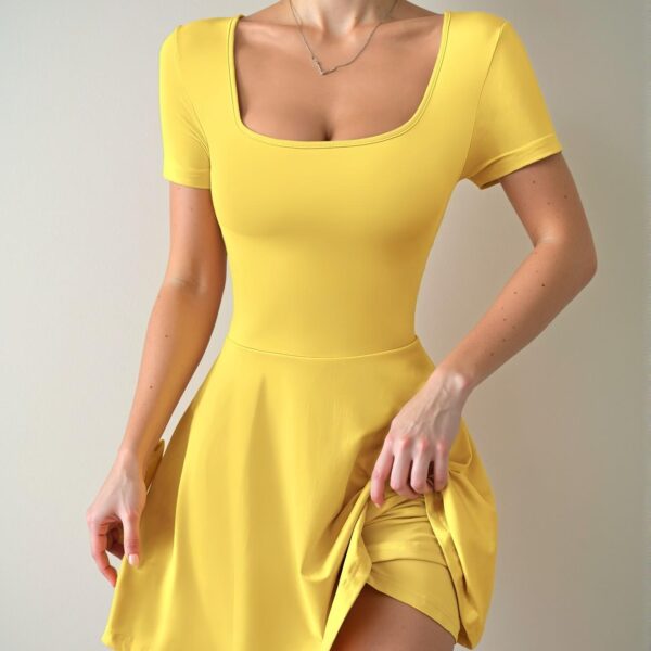 Elegant Yellow Casual Square Neck Short Sleeve Mini Dress with Ruffle Hem for Spring and Summer: Chic, Classy and Trendy Fashion Style to Dress to Impress