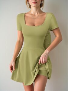 Elegant Olive Green Casual Knitted A-Line Mini Dress with Ruffle Hem for Women, Chic, Classy and Trendy Fashion Style to Dress to Impress