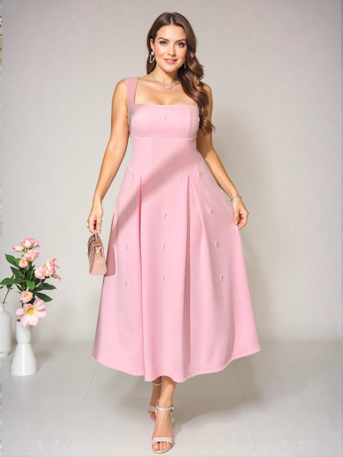 Elegant Pink Relaxed Plus Size Spring & Summer Maxi Dress with Pearl Beaded Details for Various Celebrations and Events - Chic, Classy and Trendy Fashion Style to Dress to Impress
